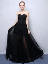 Black Prom Dresses Strapless Long Party Dress Lace Applique Sweetheart Illusion Formal Evening Dress